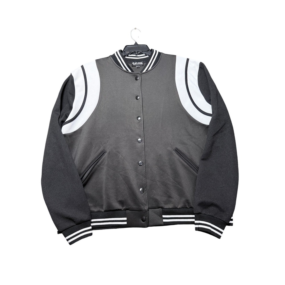 Move Society Varsity Bomber Jacket Womens‎ XL Black Snap Front Striped Trim